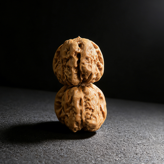 Pair of walnut hand exercisers featuring the "Toad Head" flat-base silhouette with earthy, rugged texture, 35mm size from ThePatinaProject.