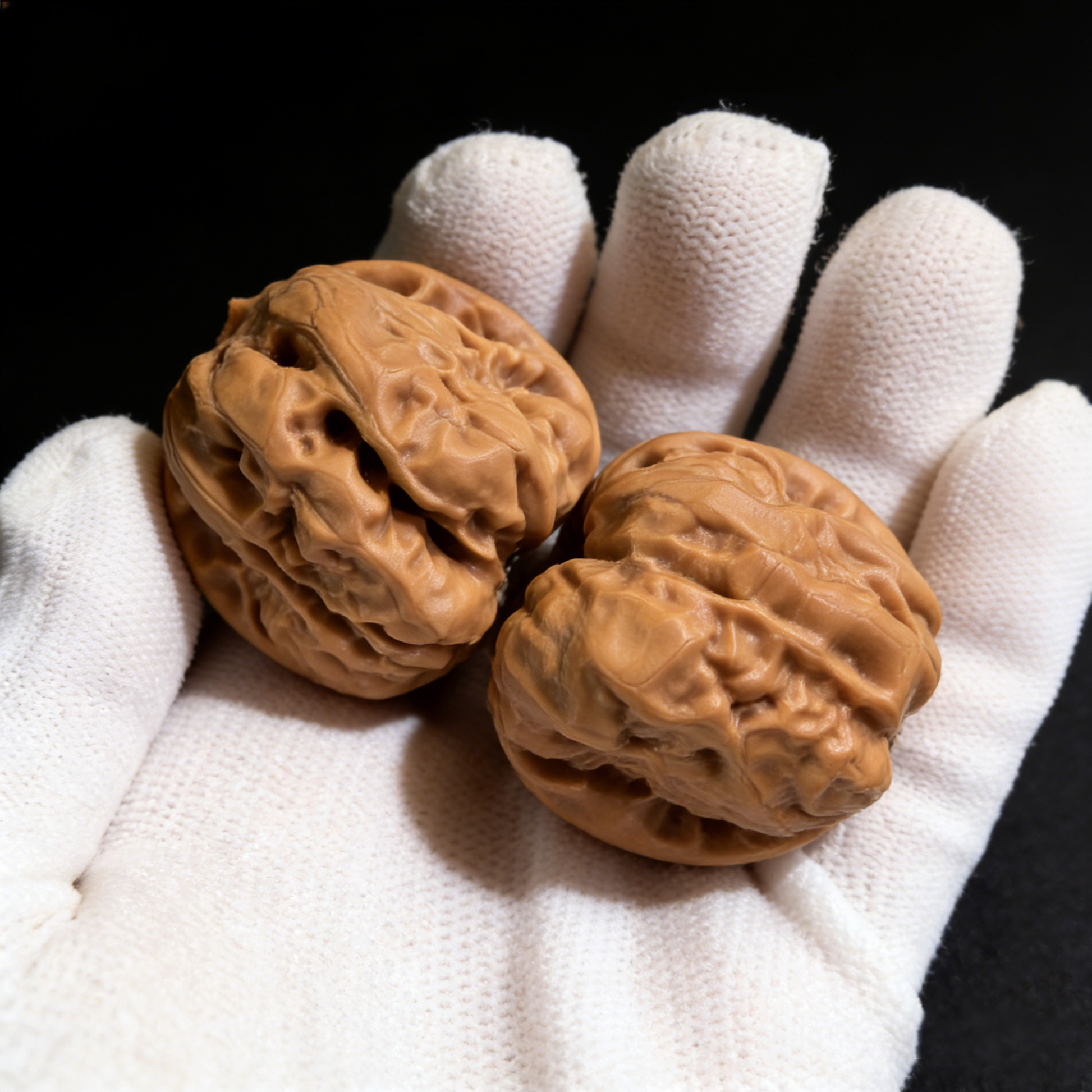 Pair of walnut hand exercisers called Toad Head by ThePatinaProject, featuring flat-base silhouette and earthy textured surface.