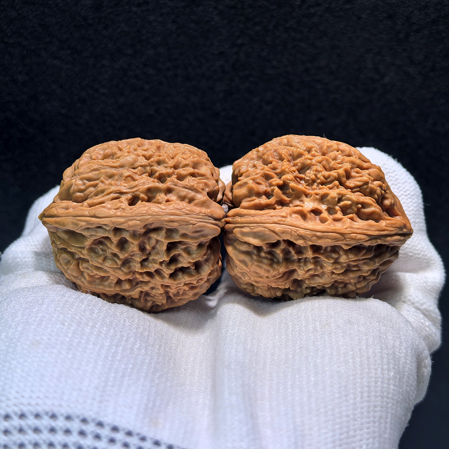 Walnut hand exercisers, Triangle Nan Jiang Shi pair, 39mm x 37mm, NJS-409, ThePatinaProject, textured wooden grip.