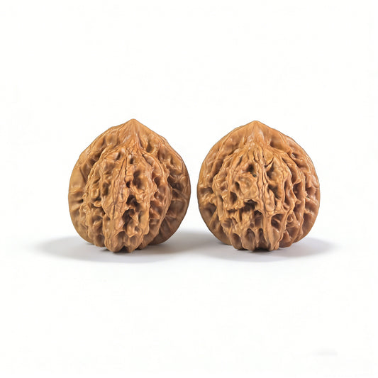 Pair of Walnut Hand Exerciser "Vintage Pinggu" Lion Head design by ThePatinaProject, showing detailed lion head carvings on the walnut handles.