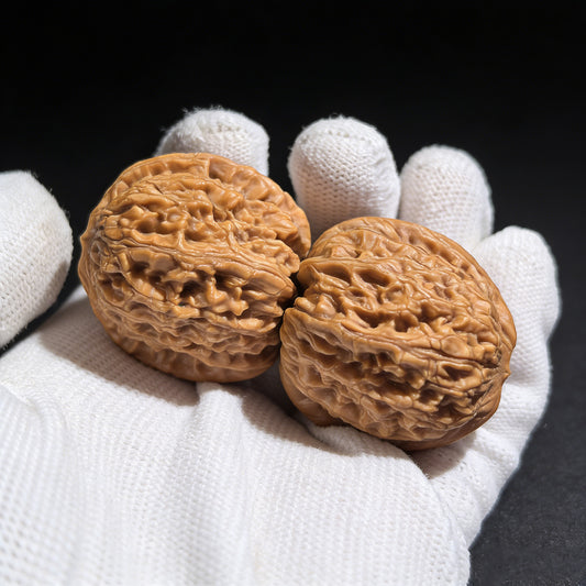 Pair of White Lion Walnut Hand Exercisers by ThePatinaProject, 37mm x 34mm, showcasing smooth, polished walnut wood handles.