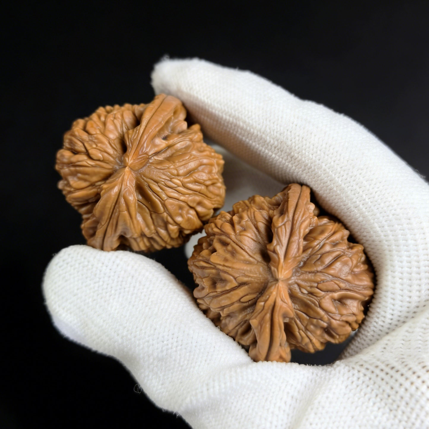 Pair of White Lion Walnut Hand Exercisers by ThePatinaProject, 37mm x 36mm, featuring detailed carved lion designs.