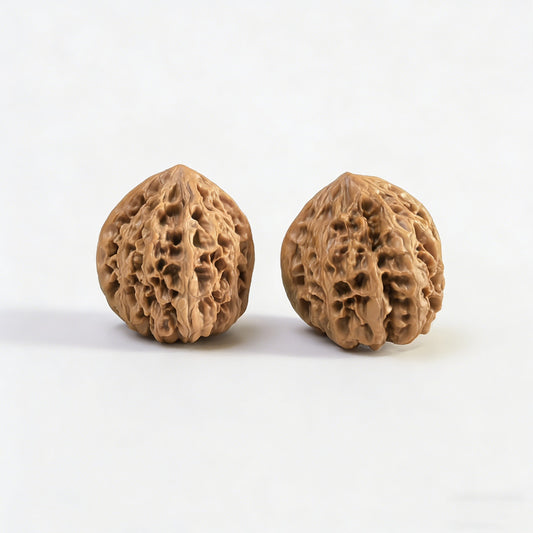 Pair of Wild Bull lion head walnut hand exercisers from ThePatinaProject, 35mm diameter, showing detailed lion head carvings.