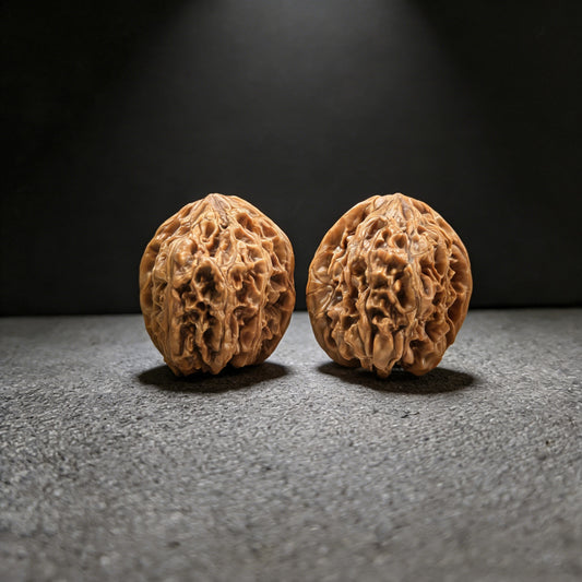 Pair of Wild Bull lion head walnut hand exercisers from ThePatinaProject, 41mm size, featuring detailed lion head design.