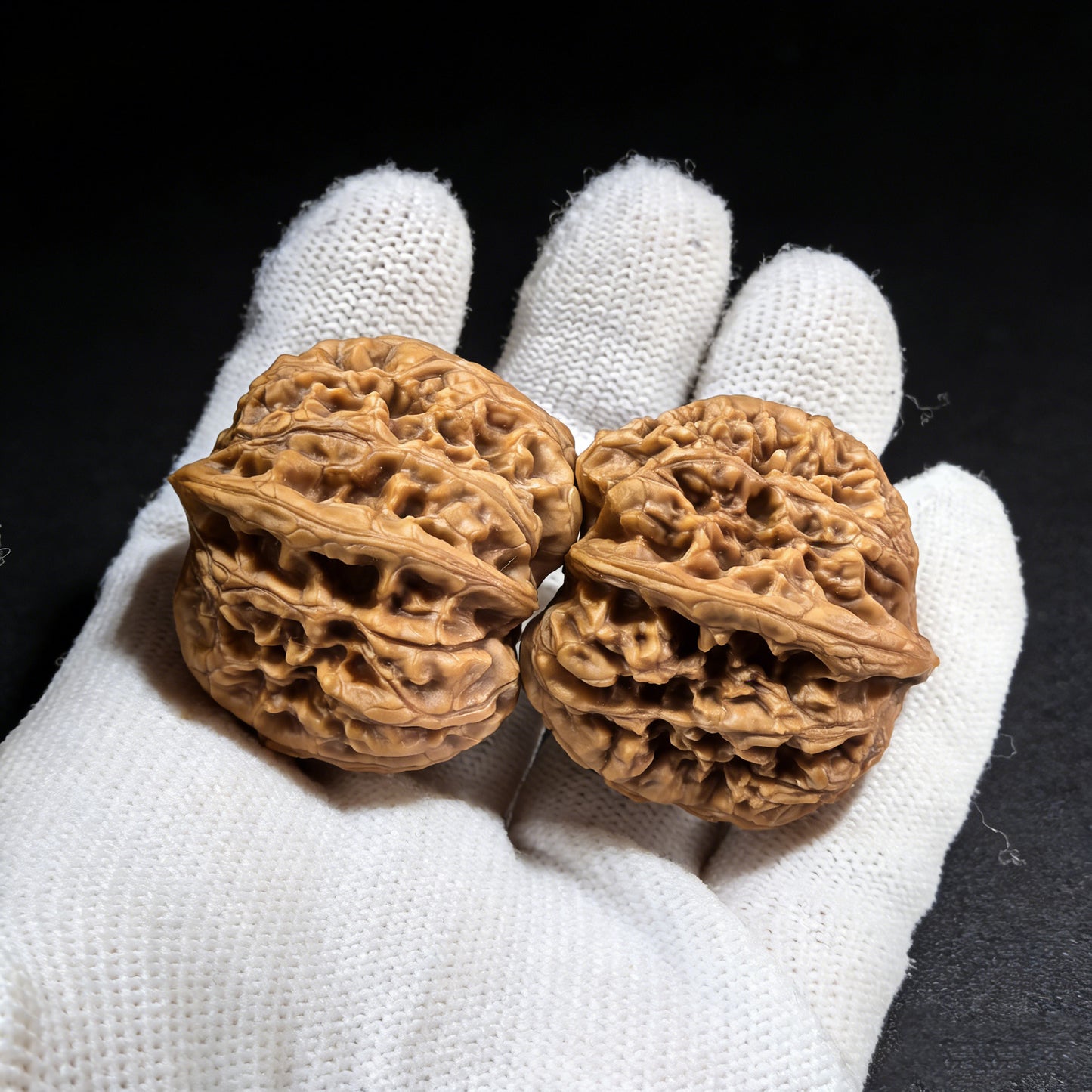 Walnut hand exerciser pair called Wild Caterpillar by ThePatinaProject, 30mm x 30mm, with textured walnut surface for grip and strength training.