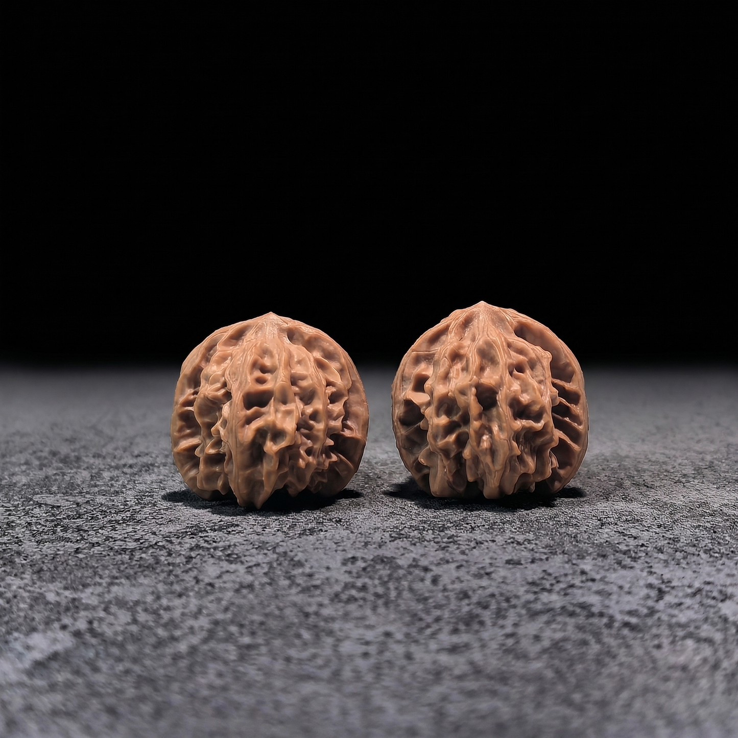 Walnut hand exercisers from ThePatinaProject, T-Shaped "Qi Shan" three-ridge pair, boutique grade, 30mm x 30mm, model QS-301.
