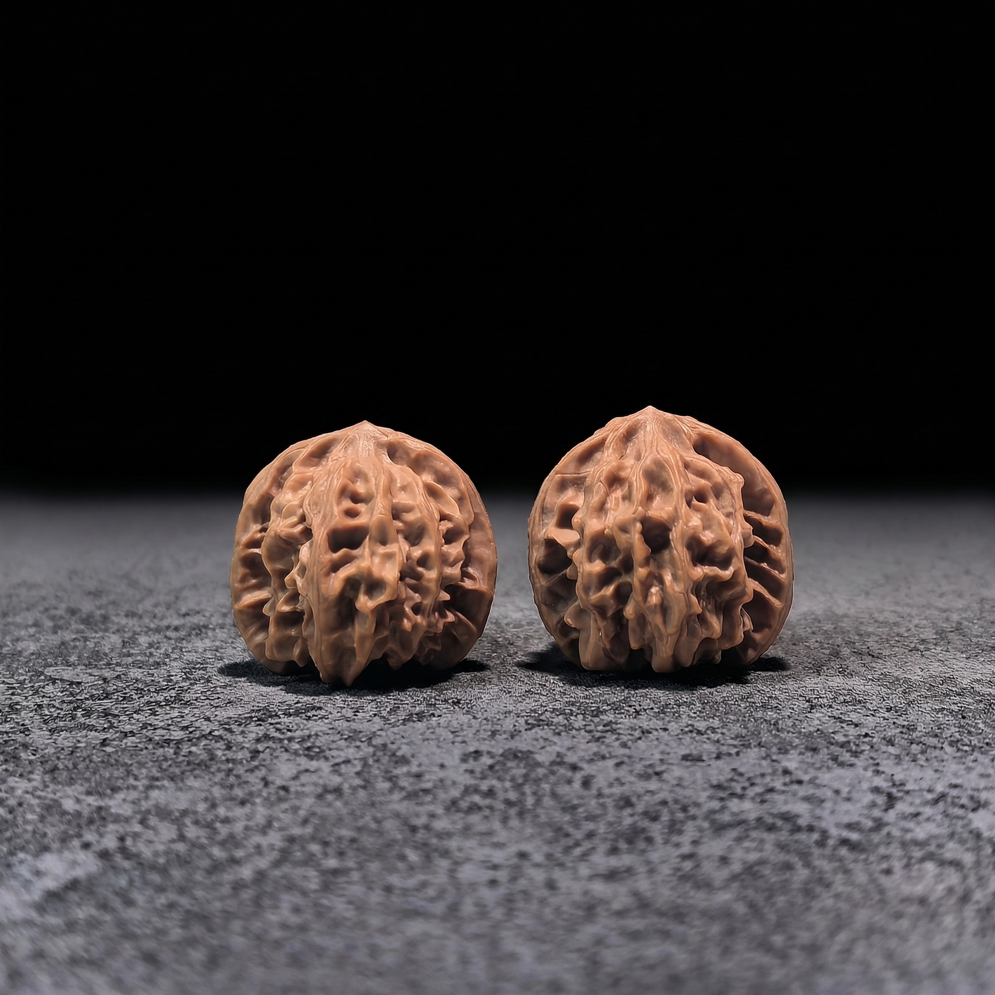 Walnut hand exercisers from ThePatinaProject, T-Shaped "Qi Shan" three-ridge pair, boutique grade, 30mm x 30mm, model QS-301.
