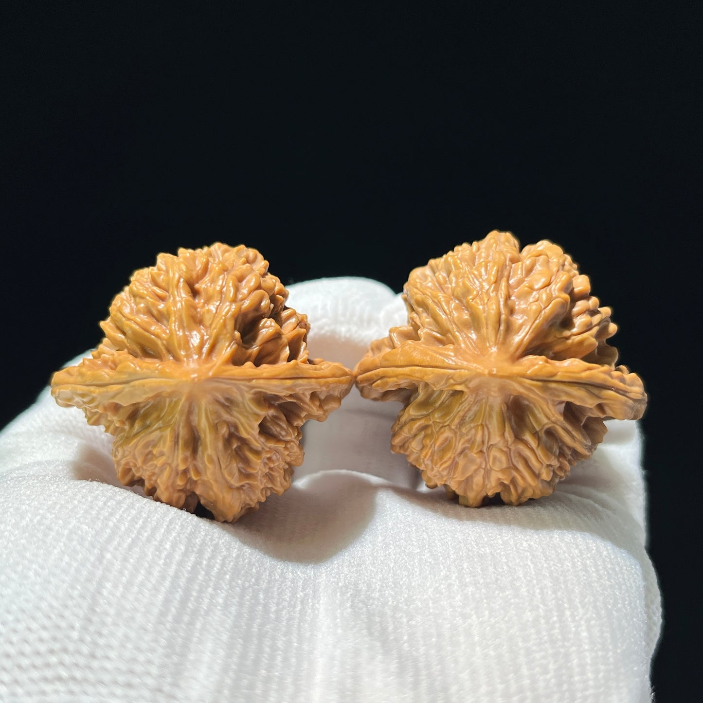 Pair of Xia Yun Ling Peach Heart Walnut Hand Exercisers by ThePatinaProject, 39mm x 36mm, showcasing smooth wooden finish and heart shape design.