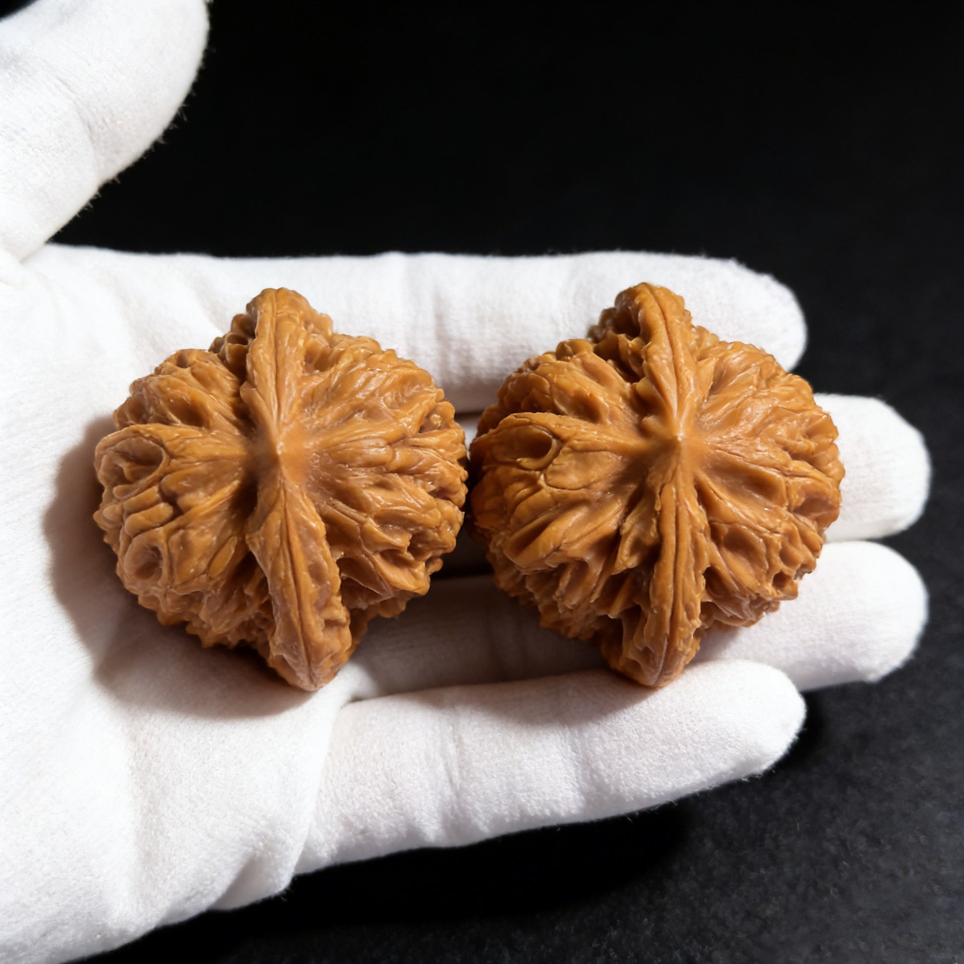 Pair of Xia Yun Ling Walnut Hand Exercisers by ThePatinaProject, 43mm x 40mm, showcasing smooth wooden texture and ergonomic design.