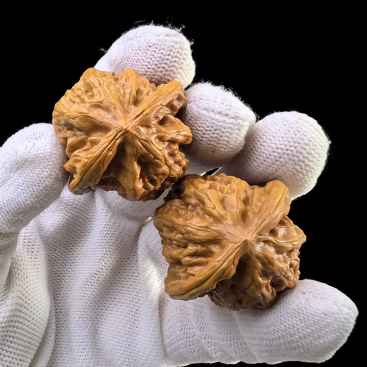 Walnut hand exercisers, ThePatinaProject Ye Niu Wild Buffalo Pair, 35mm YN-01, showing textured walnut grips for grip strength training.