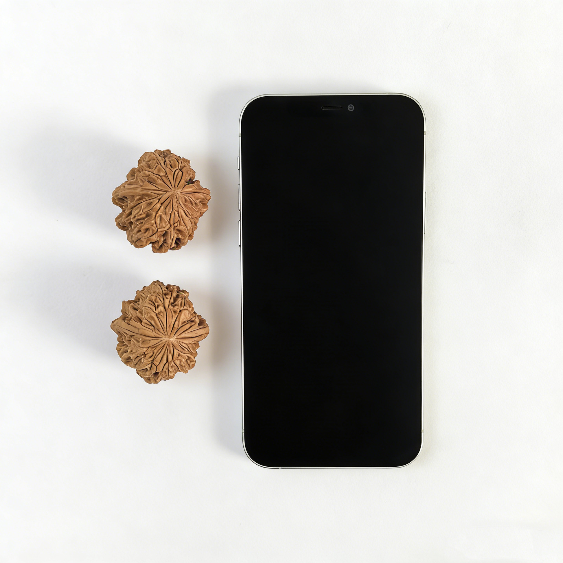 Unique Bao Xue "Snowstorm" Wenwan walnut hand exerciser with intricate fractal texture, designed for grip strength and tactile sensation.