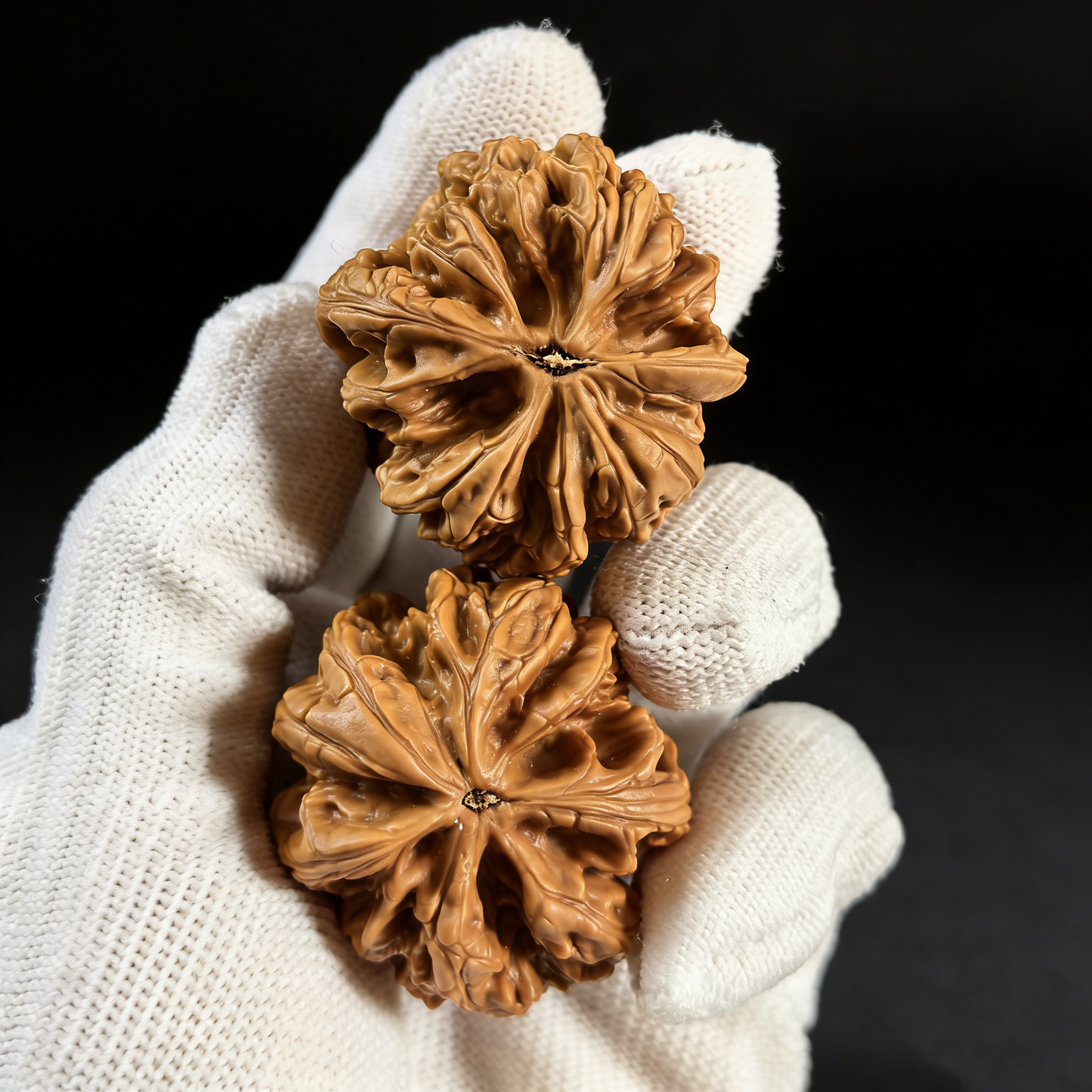 Unique Bao Xue Snowstorm Wenwan Walnut hand exerciser with intricate fractal texture, designed for grip and stress relief.