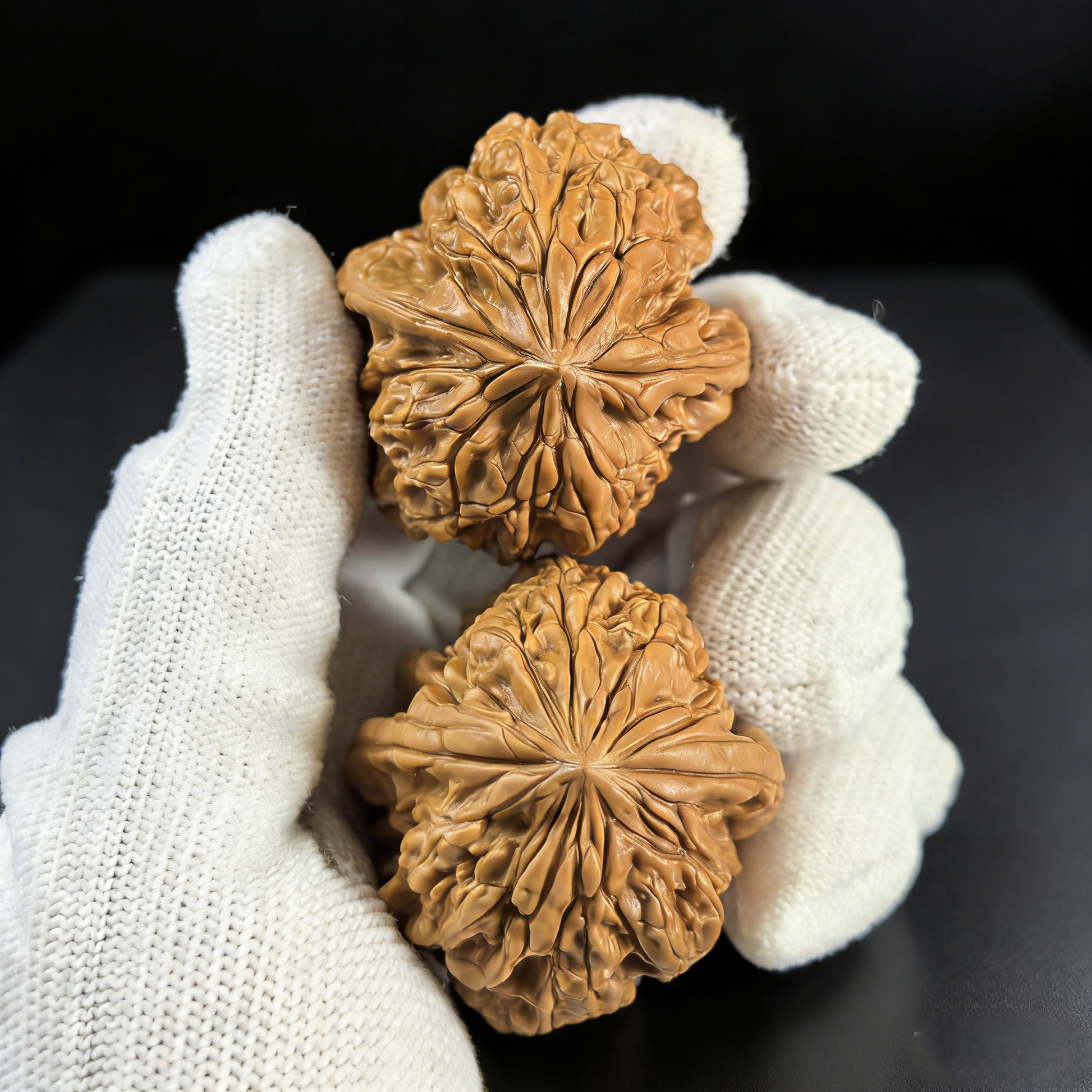Bao Xue Wenwan Walnut Hand Exerciser with intricate fractal texture, part of the Unique Pair #BX-01 Snowstorm collection by ThePatinaProject.