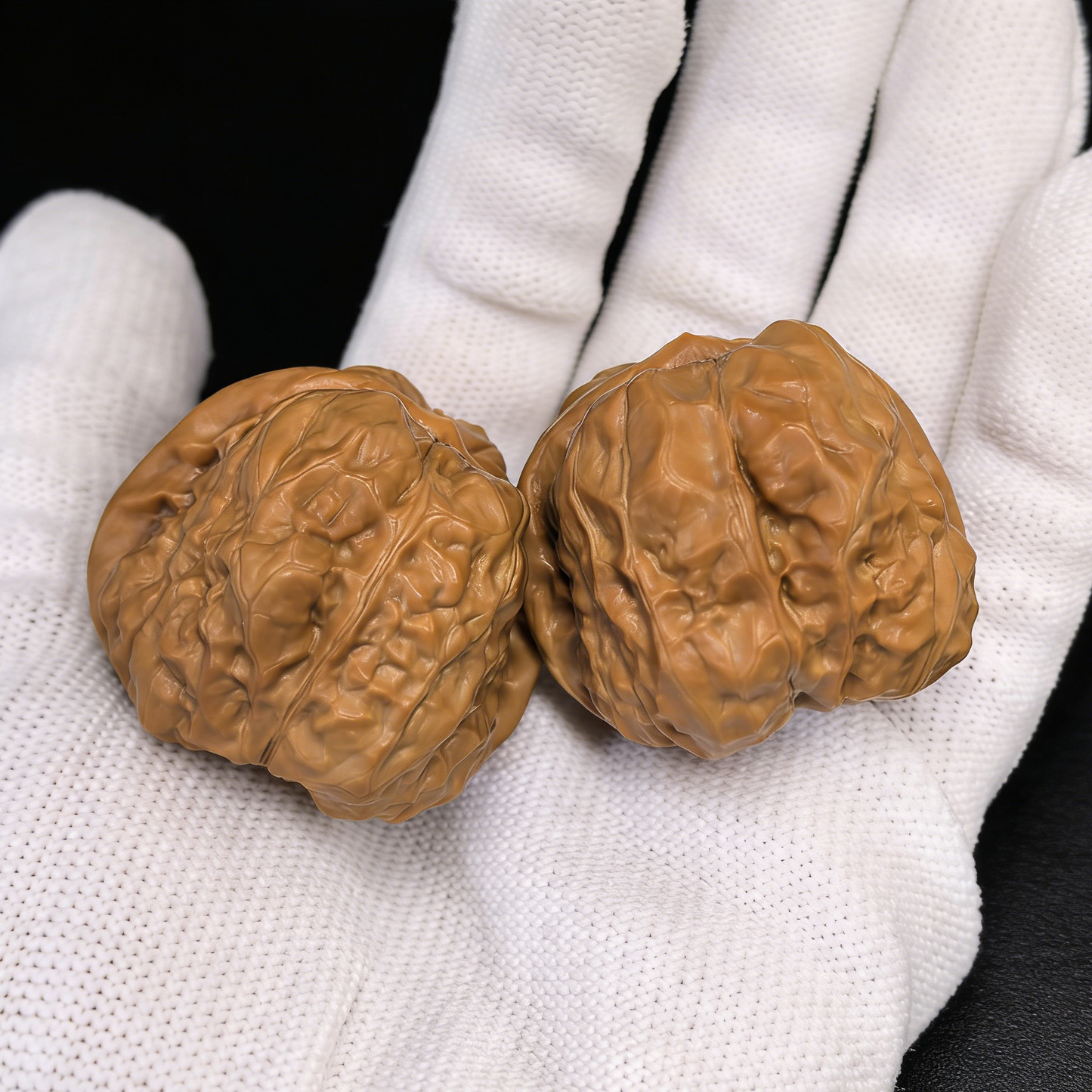 Unique Pair #HMT-311 Toad Head Wenwan Walnut Hand Exercisers by ThePatinaProject, showcasing detailed carved walnut designs.