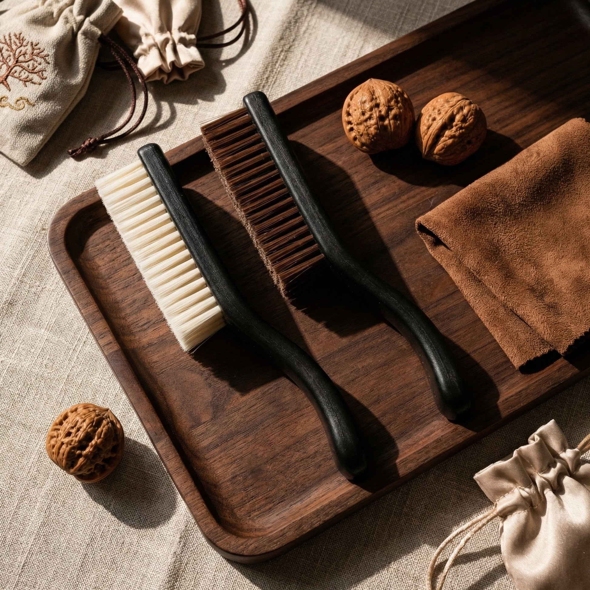 Zen Walnut Professional Patina Brush Set - Dual-Action Cleaning & Polishing Kit for Wenwan Collector (Set of 2) - ThePatinaProject